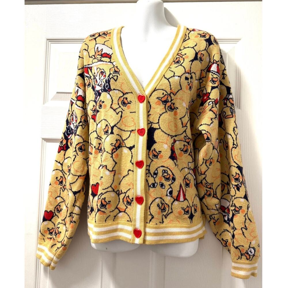 Hot Topic Hazbin Hotel Size L Lucifer Rubber Duck Crop Yellow Cardigan Sweater